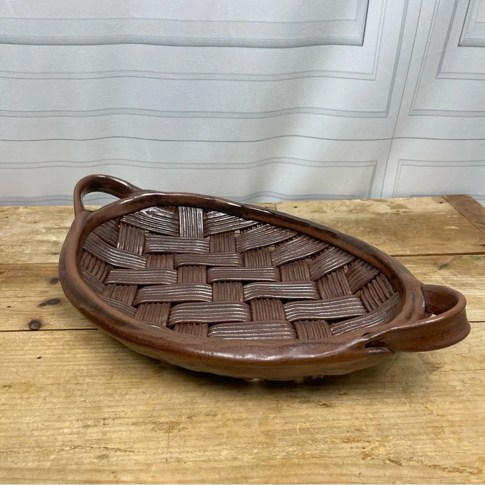 Parmentier Decors Woven Basketweave Ceramic Platter Vintage‎ Studio Pottery